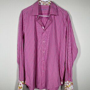 Robert Graham Men's Pink Black Stripe Button-up Shirt Floral Cuffs XL 44/17.5!